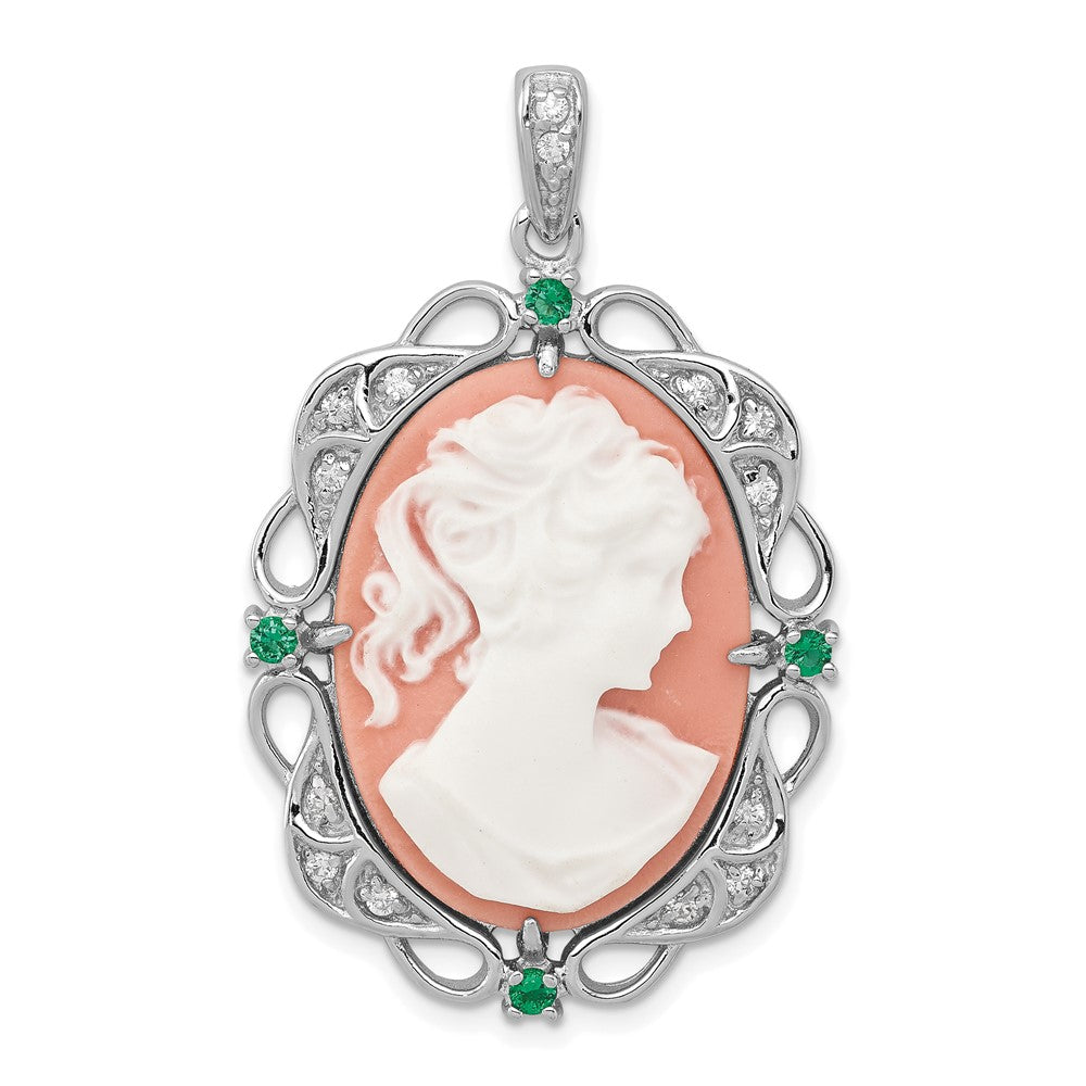 Sterling Silver RH-plated Green Glass Clear CZ Plastic Pink Cameo Pendant