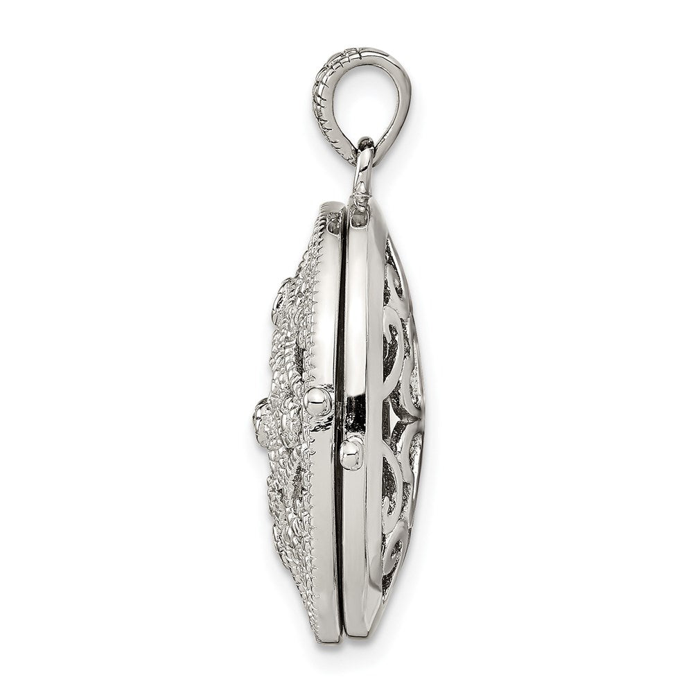 Sterling Silver Rhodium-plated CZ Fancy Filigree Oval 22mm Locket
