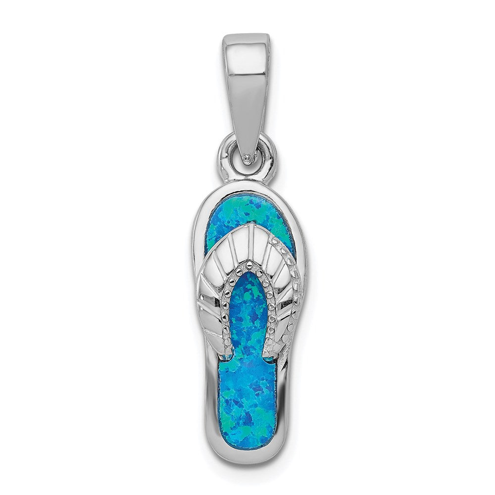 Sterling Silver Rhodium-plated Created Blue Inlay Opal Sandal Pendant