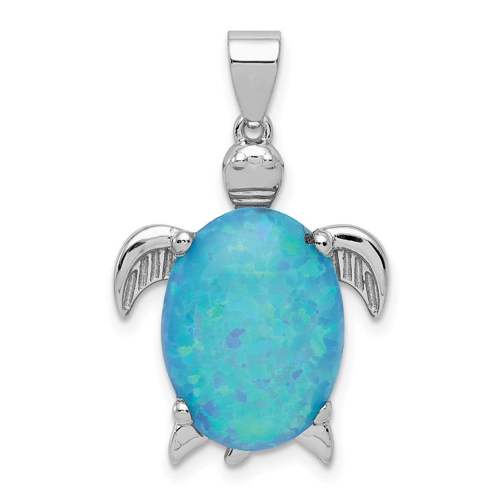 Sterling Silver Rhodium-plated Created Opal Inlay Sea Turtle Pendant