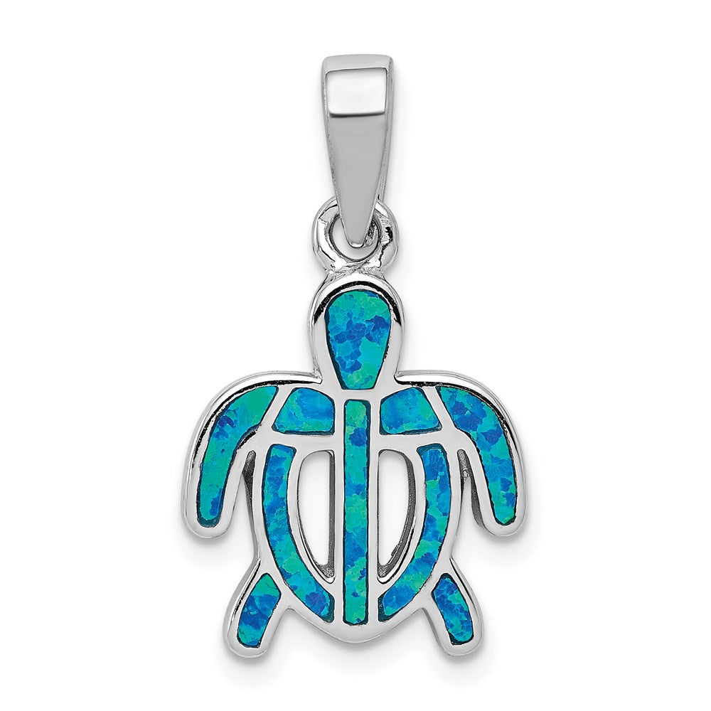 Sterling Silver Rhodium-plated Created Blue Opal Inlay Tortoise Pendant
