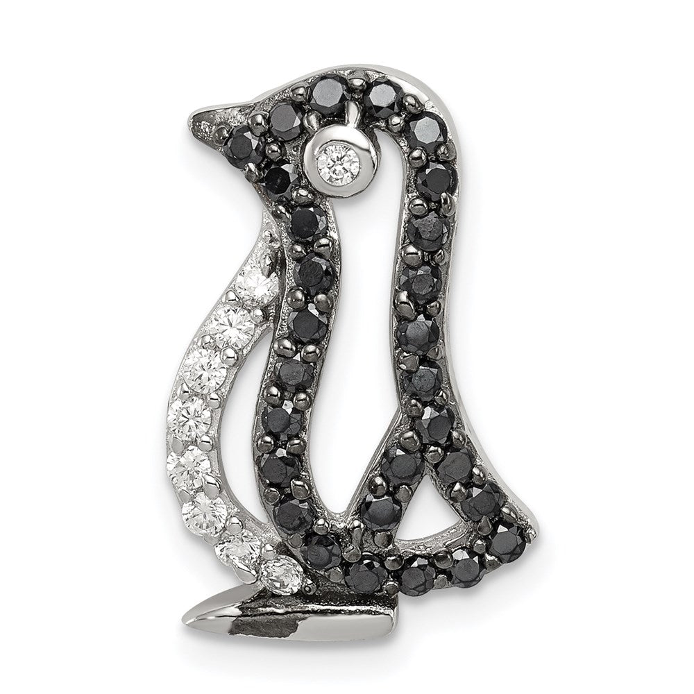 Sterling Silver Rhodium-plated Black & White CZ Penguin Chain Slide