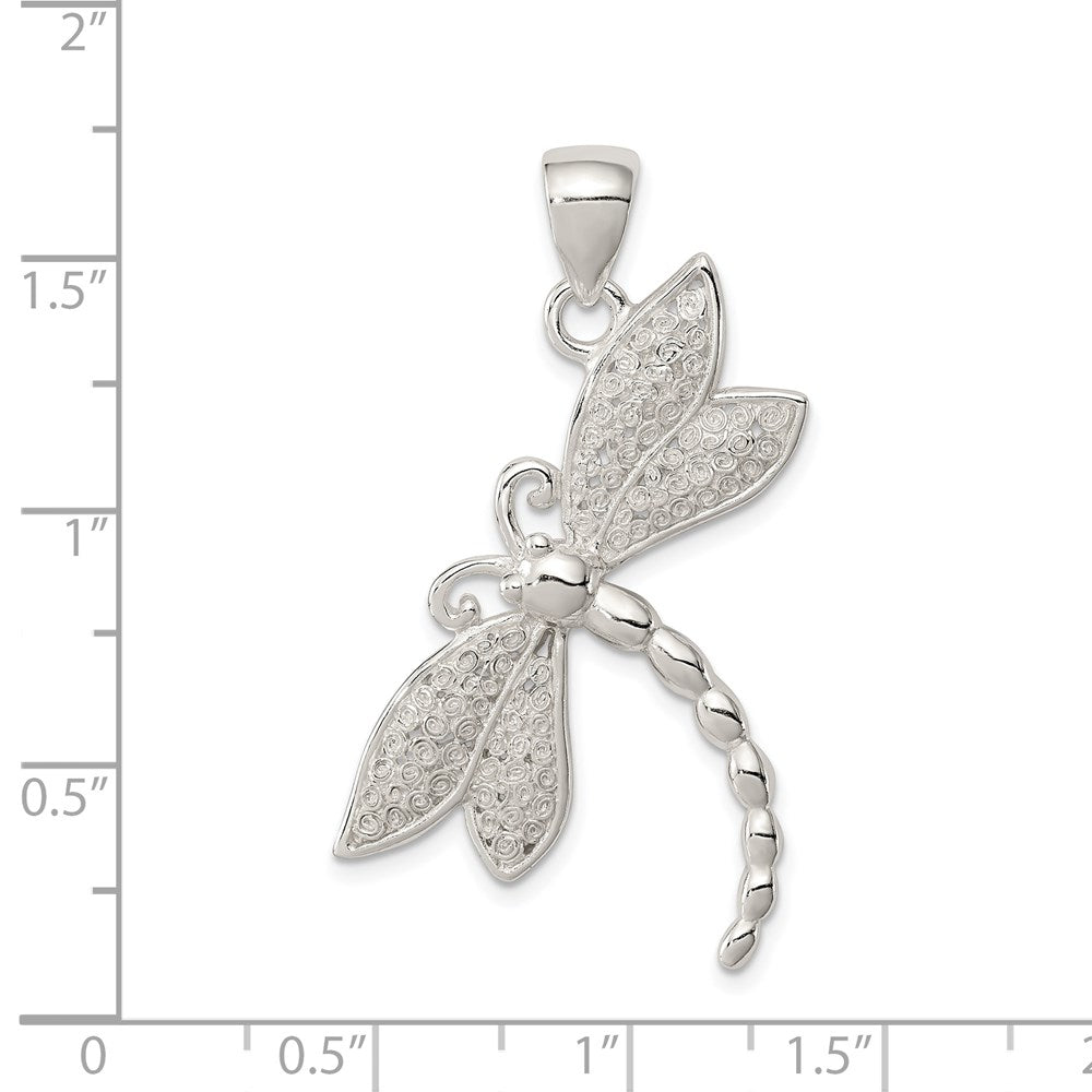 Sterling Silver Rhodium-plated Polished/Textured Dragonfly Pendant
