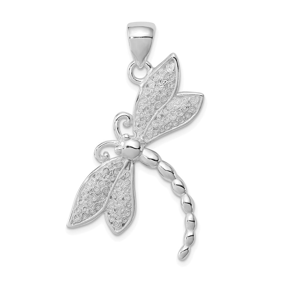 Sterling Silver Rhodium-plated Polished/Textured Dragonfly Pendant