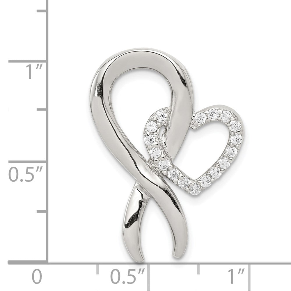 Sterling Silver Rhodium-plated CZ Heart/Breast Cancer Ribbon Chain Slide