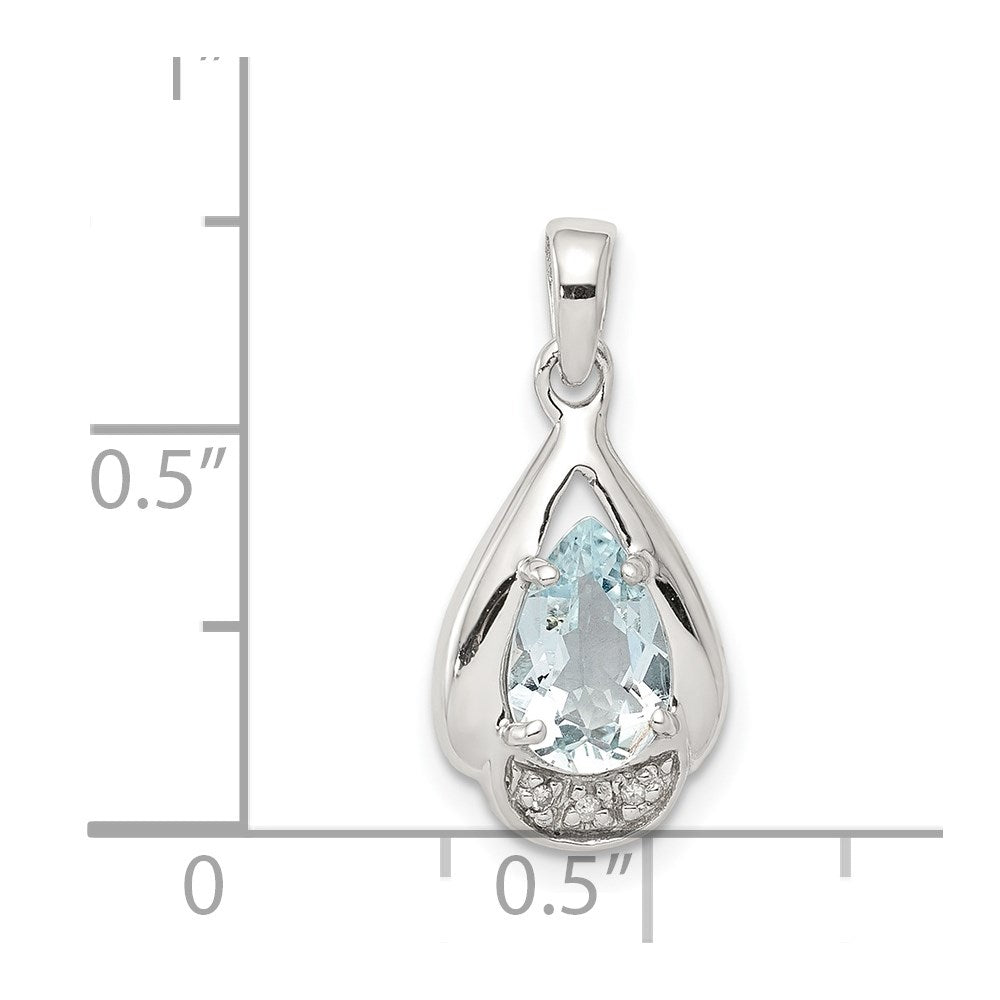 Sterling Silver Rhodium-plated Diamond and Aquamarine Pendant