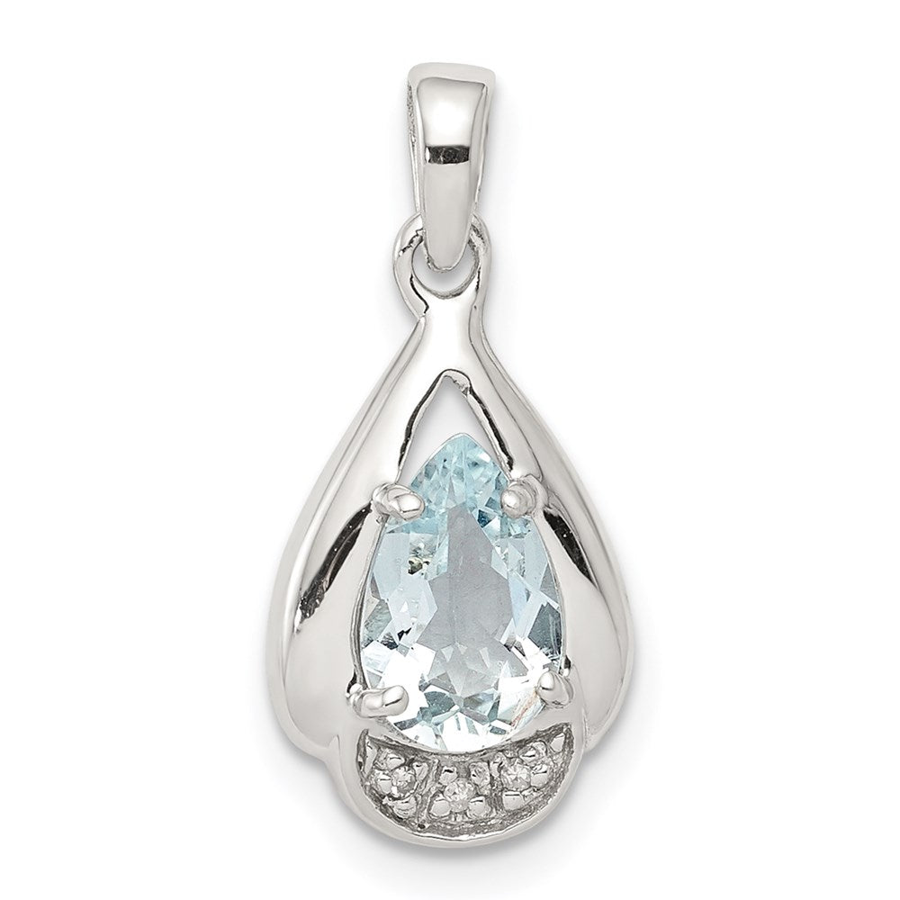 Sterling Silver Rhodium-plated Diamond and Aquamarine Pendant