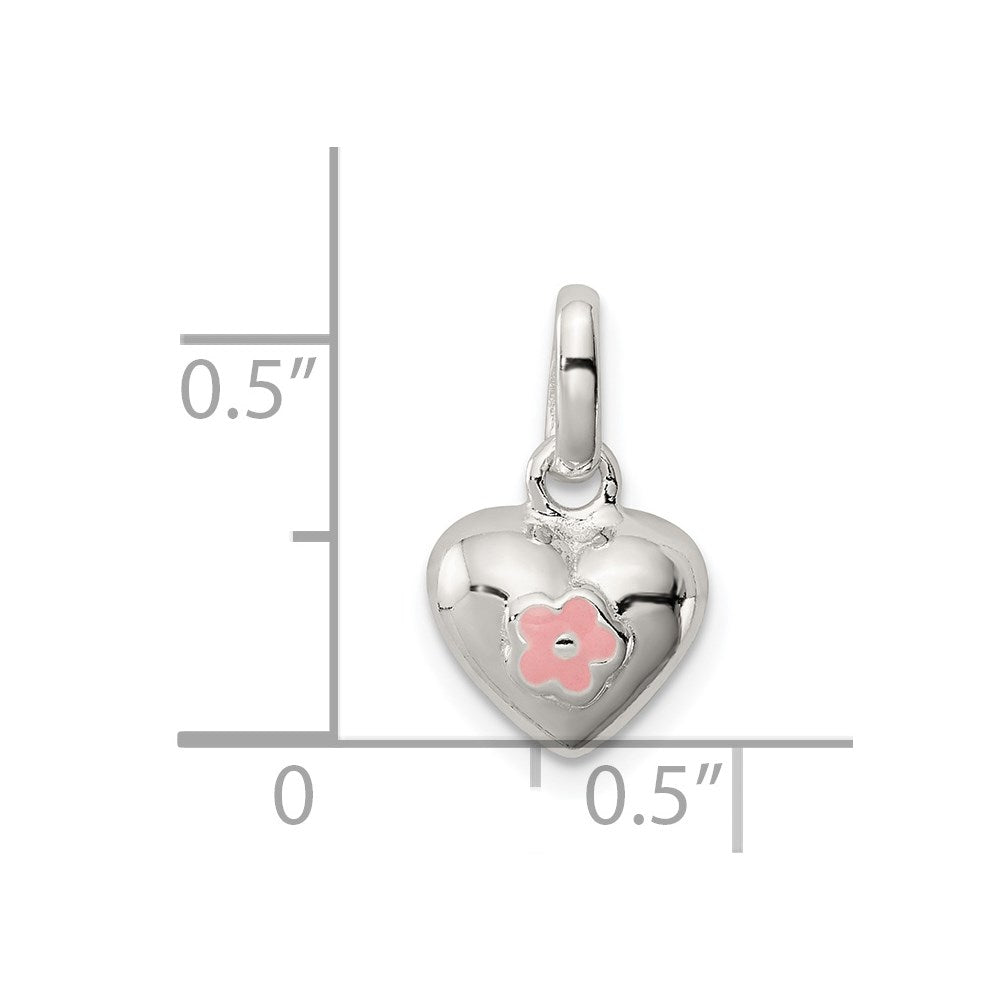 Sterling Silver Polished Pink Enamel Flower on Heart Pendant