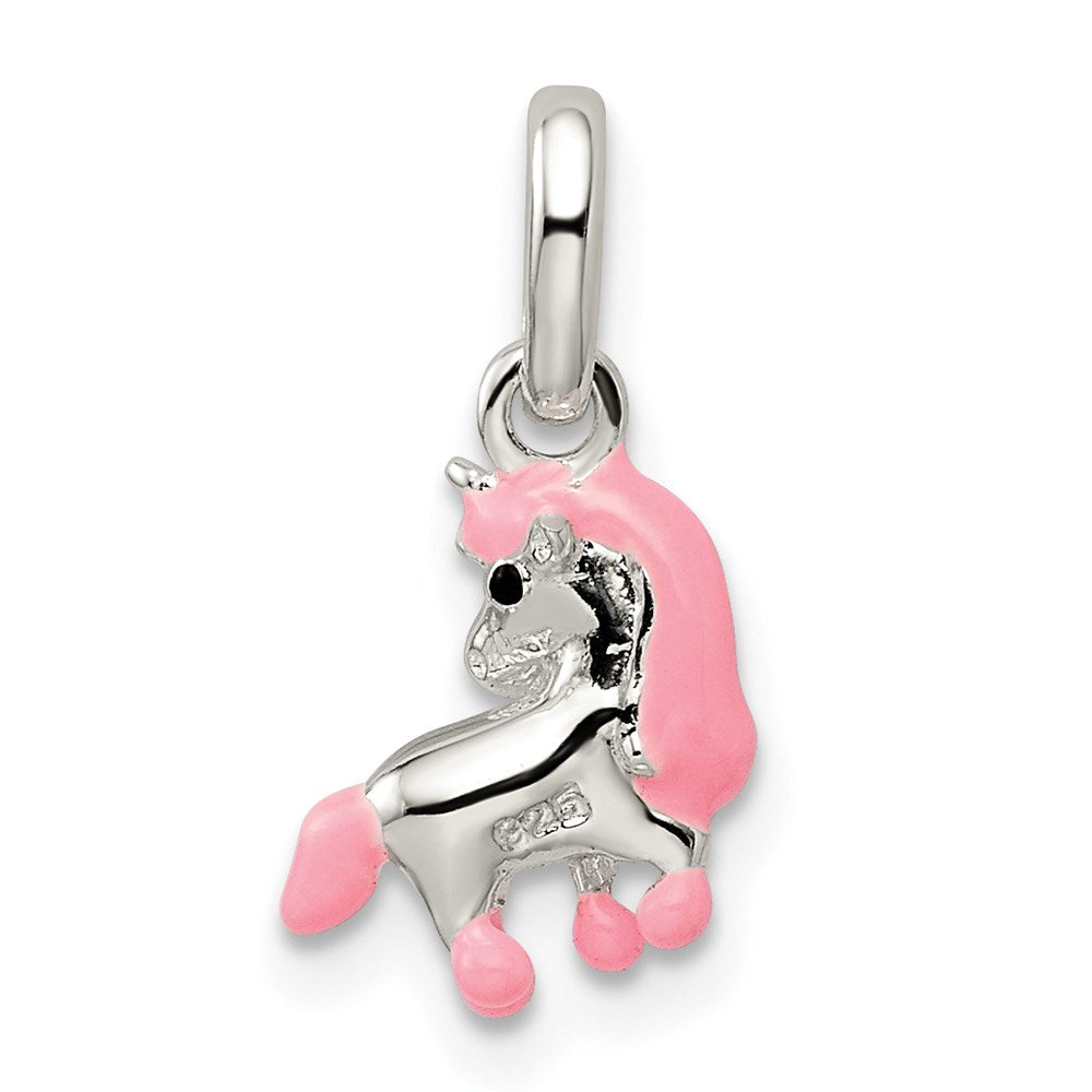 Sterling Silver Polished Pink & Black Enameled Pony Pendant