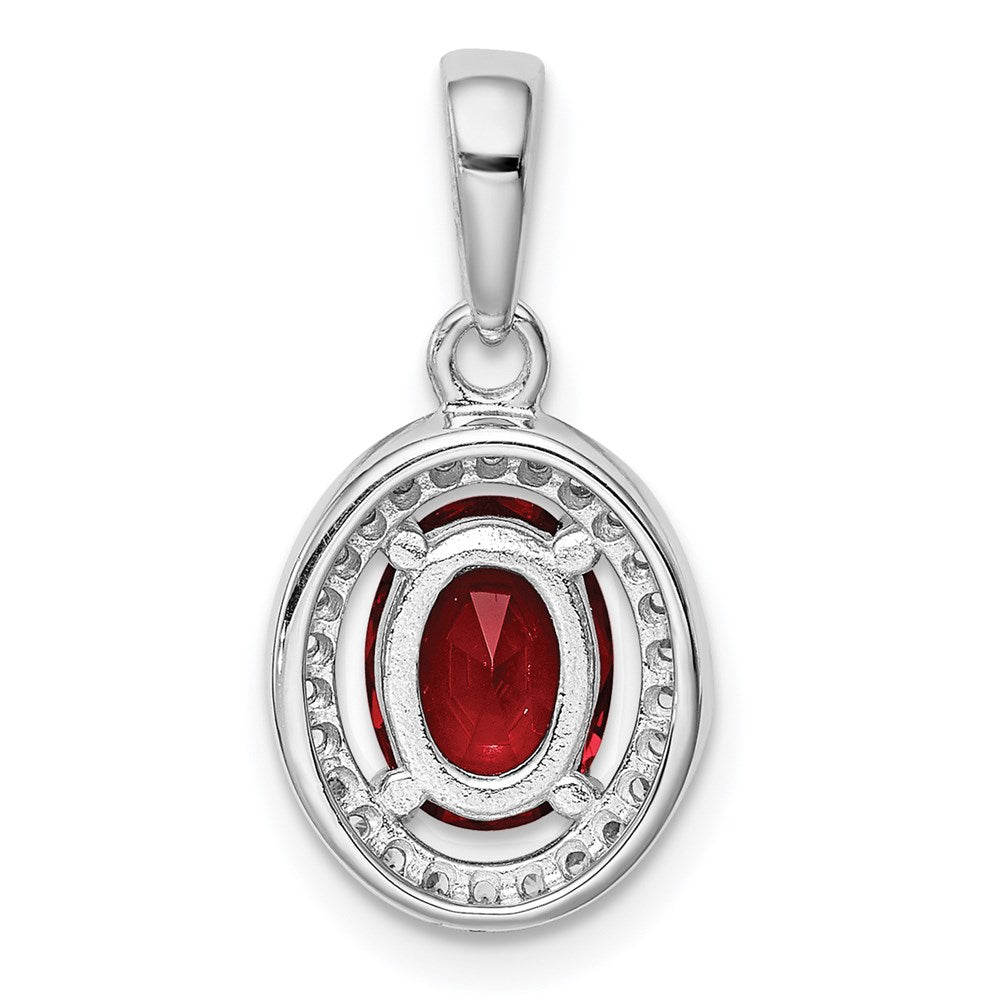 Sterling Silver Rhod-plated Red and White CZ Oval Pendant