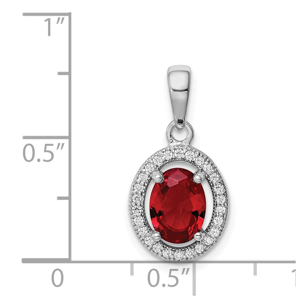 Sterling Silver Rhod-plated Red and White CZ Oval Pendant