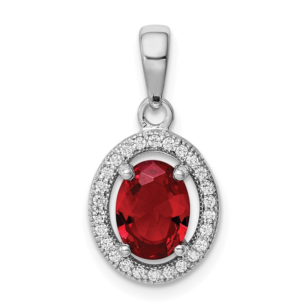 Sterling Silver Rhod-plated Red and White CZ Oval Pendant