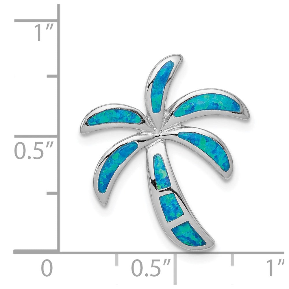 Sterling Silver Rhodium-plated Created Blue Opal Palm Tree Slide