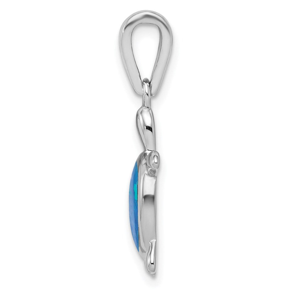 Sterling Silver Rhodium-plated Created Blue Opal Turtle Pendant