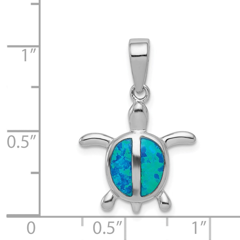 Sterling Silver Rhodium-plated Created Blue Opal Turtle Pendant