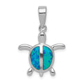 Sterling Silver Rhodium-plated Created Blue Opal Turtle Pendant