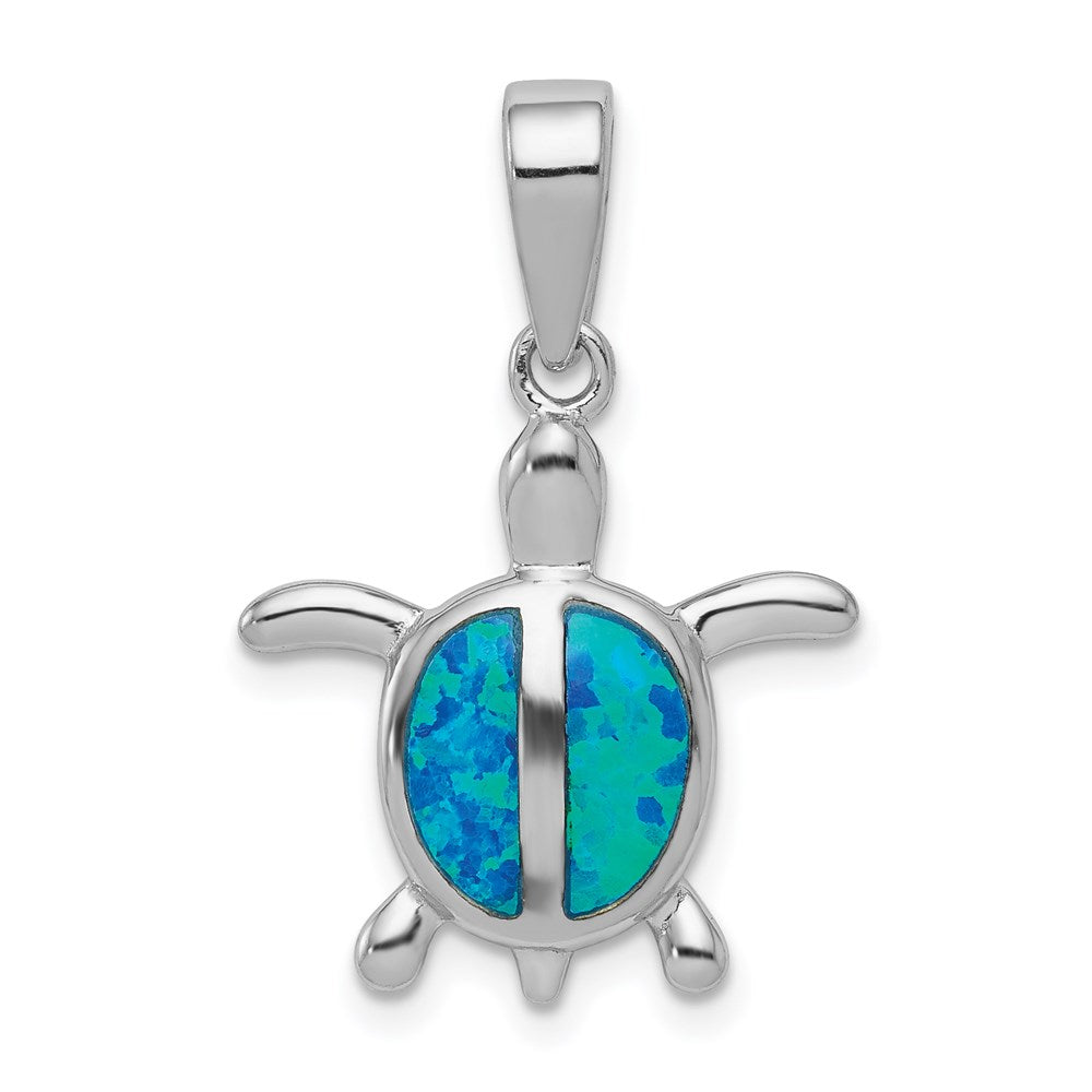 Sterling Silver Rhodium-plated Created Blue Opal Turtle Pendant
