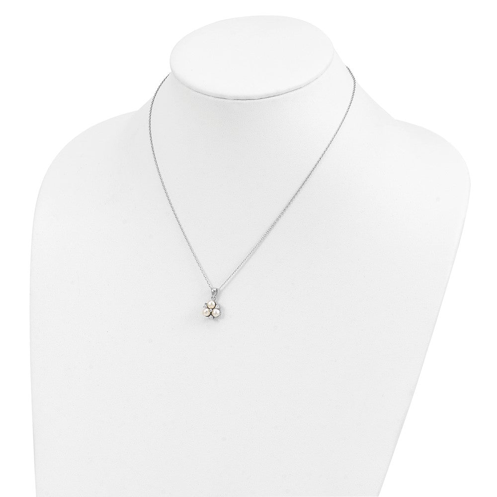 Sterling Silver Rhodium-plated 5-6mm White FW Cultured 3-Pearl CZ Necklace