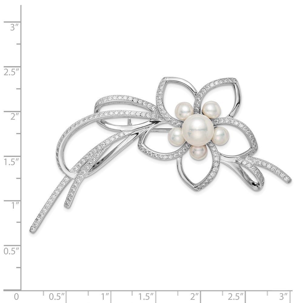 Sterling Silver Rhodium-plated 4-7mm White FWC Pearl CZ Flower Pin