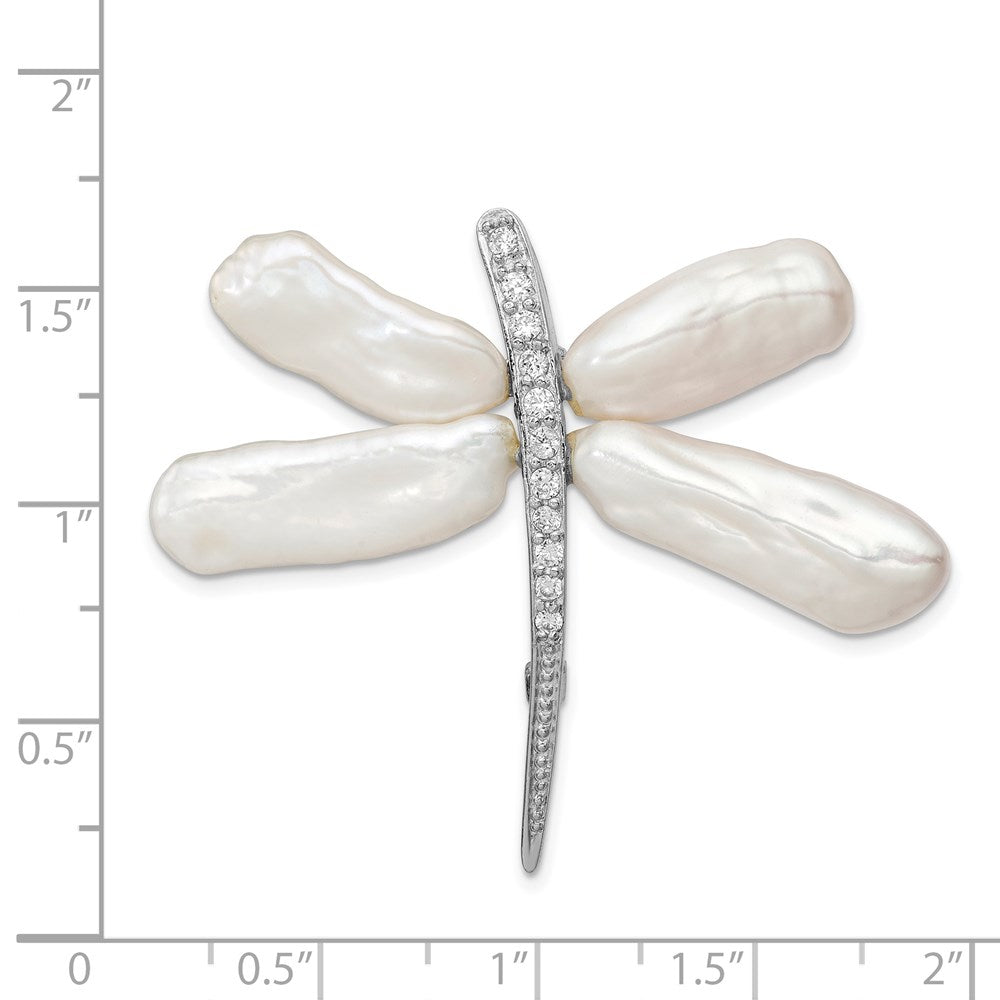 Sterling Silver RH White Baroque FWC Pearl CZ Dragonfly Slide Pin