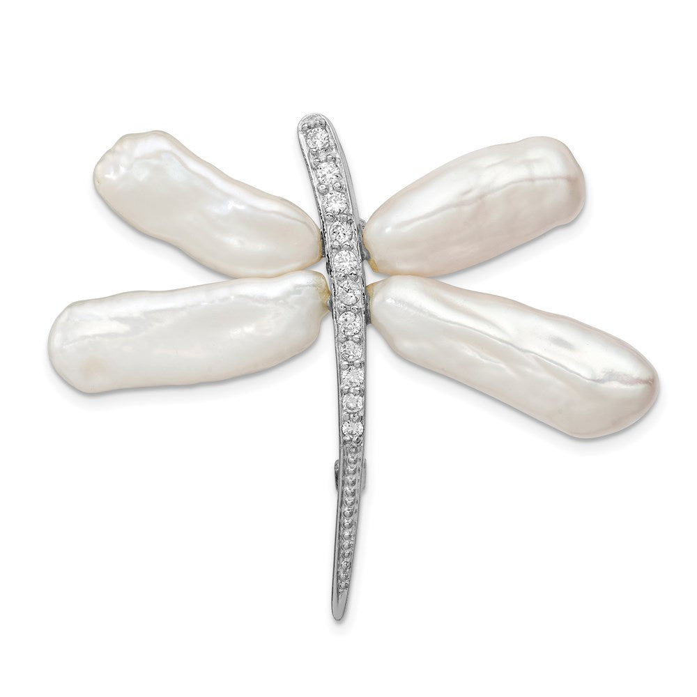 Sterling Silver RH White Baroque FWC Pearl CZ Dragonfly Slide Pin