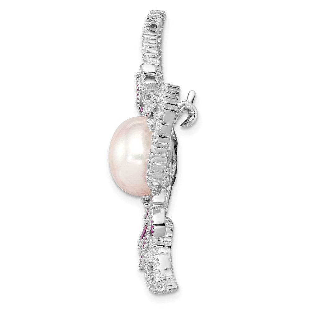 Sterling Silver RH10-11mm White FWC Pearl CZ Pink Corundum Pin