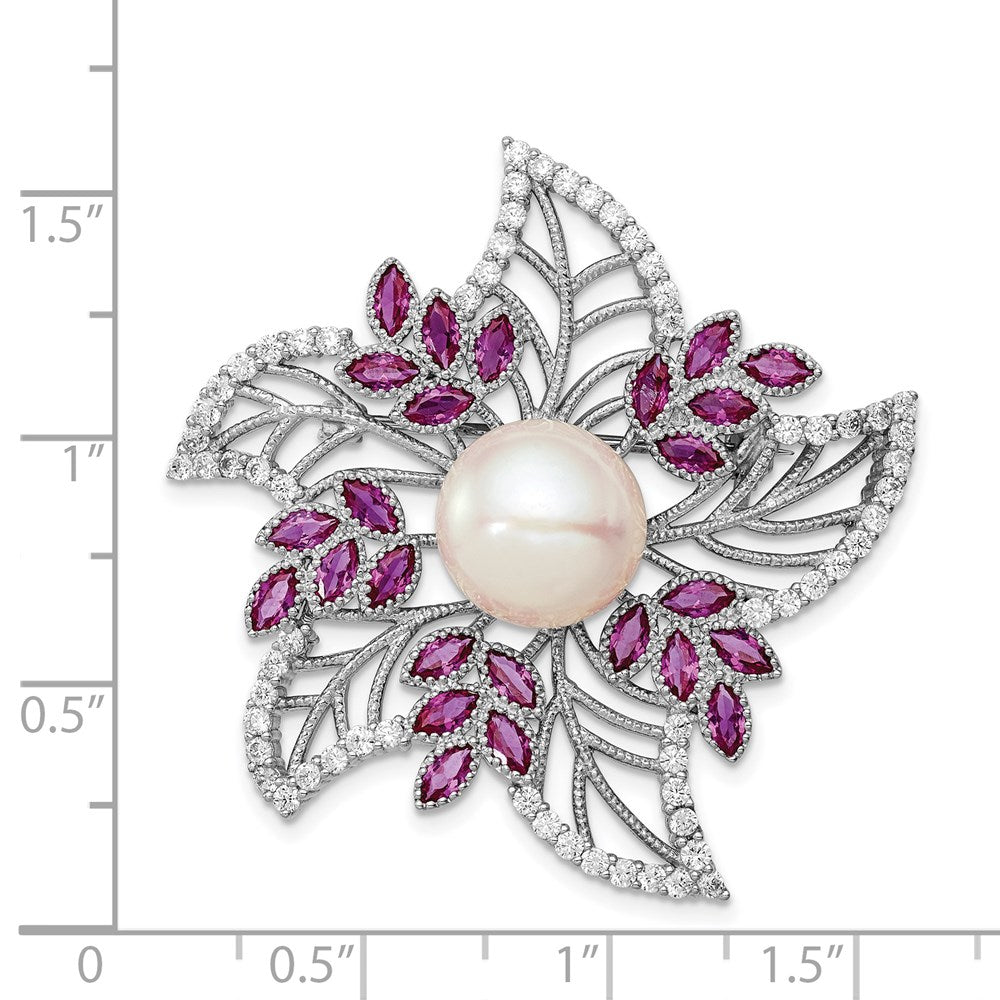 Sterling Silver RH10-11mm White FWC Pearl CZ Pink Corundum Pin