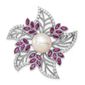 Sterling Silver RH10-11mm White FWC Pearl CZ Pink Corundum Pin