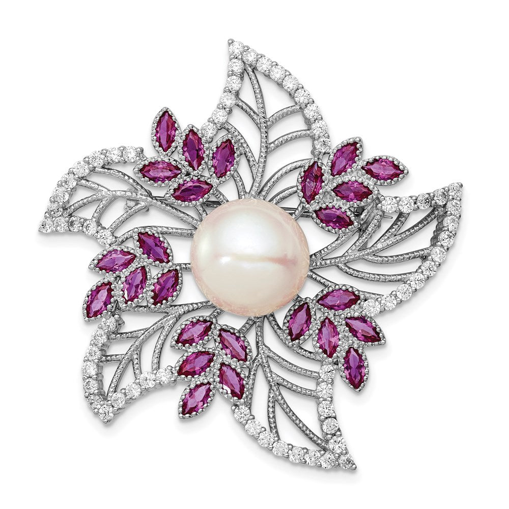 Sterling Silver RH10-11mm White FWC Pearl CZ Pink Corundum Pin
