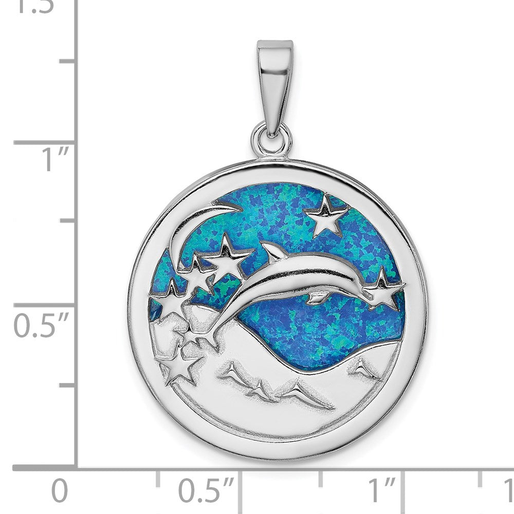 Sterling Silver Rhod-plated Blue Created Opal Dolphins Pendant