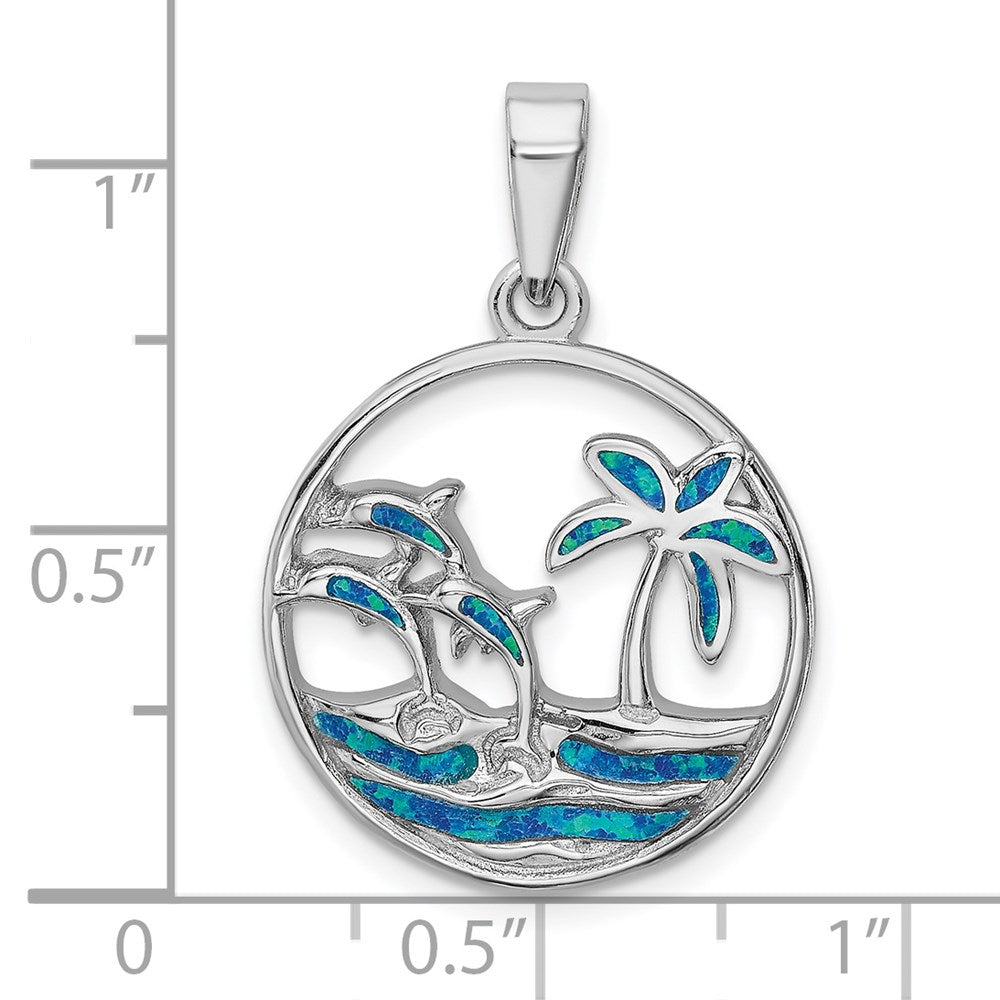 Sterling Silver Rhod-plated Blue Created Opal Dolphins Pendant