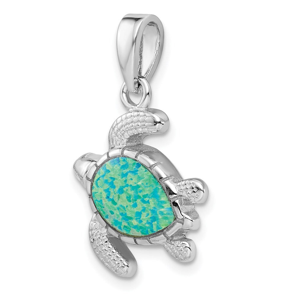 Sterling Silver Rhodium-plated Green Inlay Created Opal Turtle Pendant