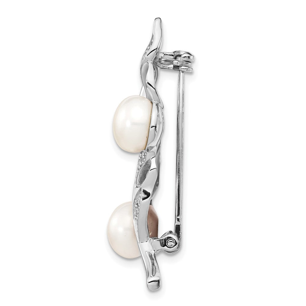 Sterling Silver Rhod-plat 7-8mm White Button FWC Pearl CZ Brooch