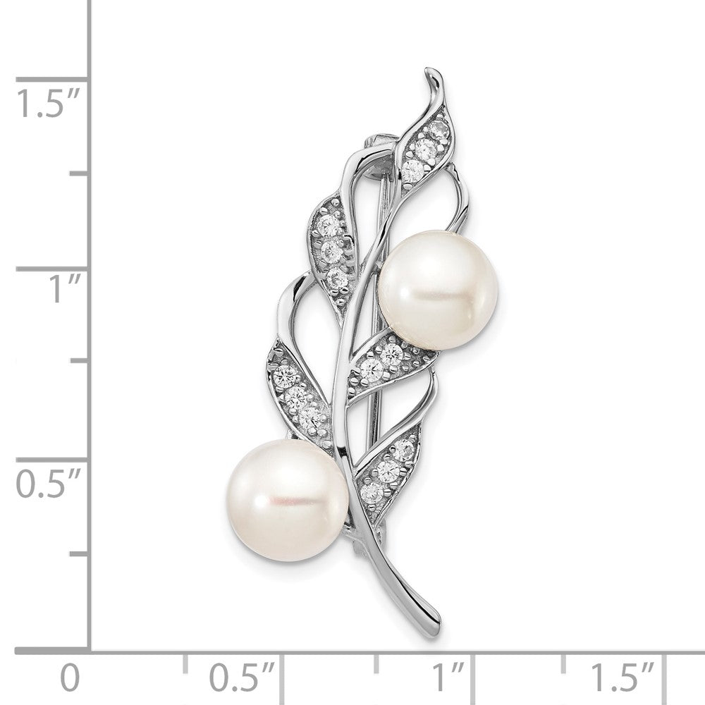Sterling Silver Rhod-plat 7-8mm White Button FWC Pearl CZ Brooch
