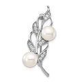 Sterling Silver Rhod-plat 7-8mm White Button FWC Pearl CZ Brooch