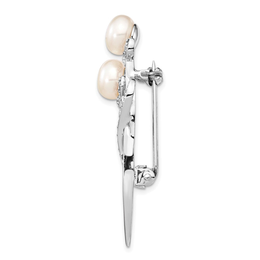 Sterling Silver Rhod-plat 7-8mm White Button FWC Pearl CZ Brooch
