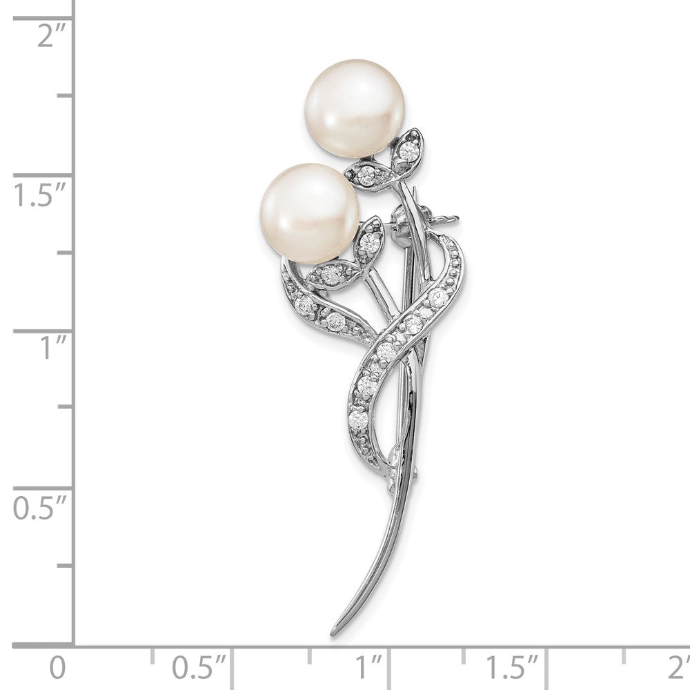 Sterling Silver Rhod-plat 7-8mm White Button FWC Pearl CZ Brooch