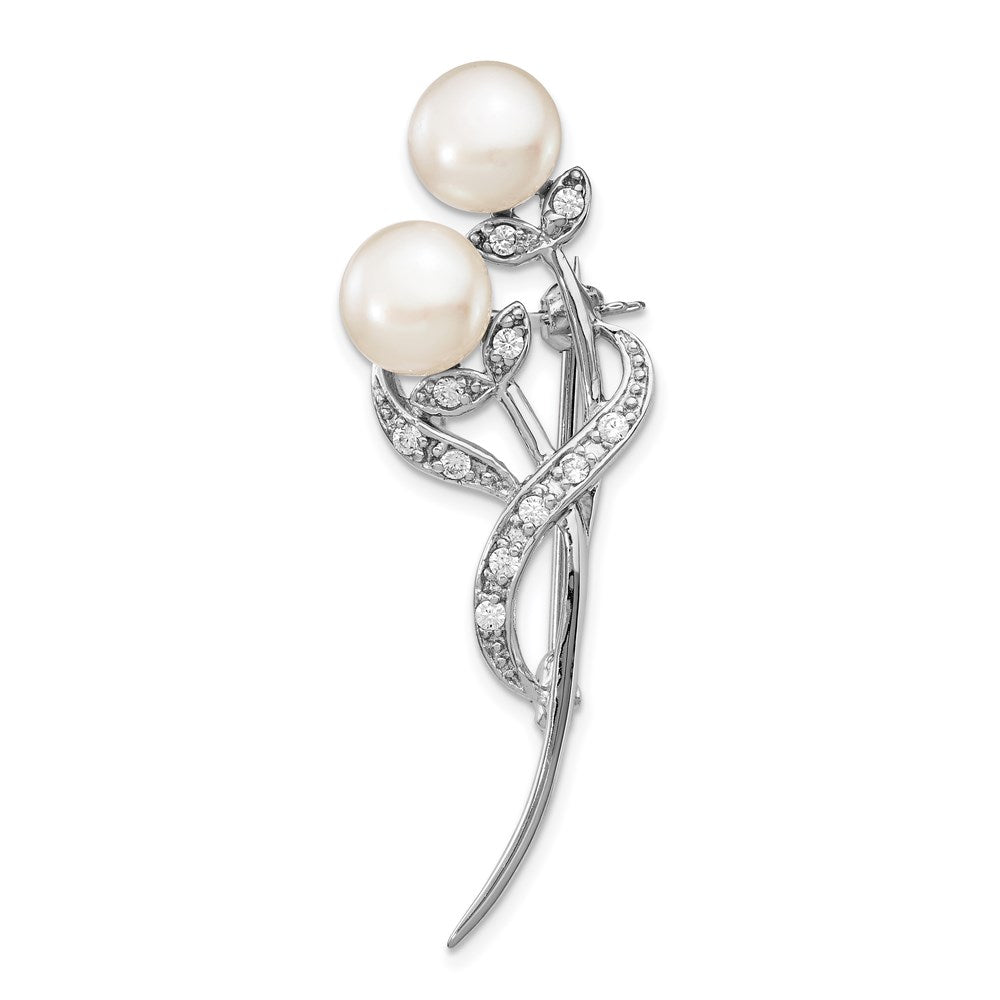 Sterling Silver Rhod-plat 7-8mm White Button FWC Pearl CZ Brooch