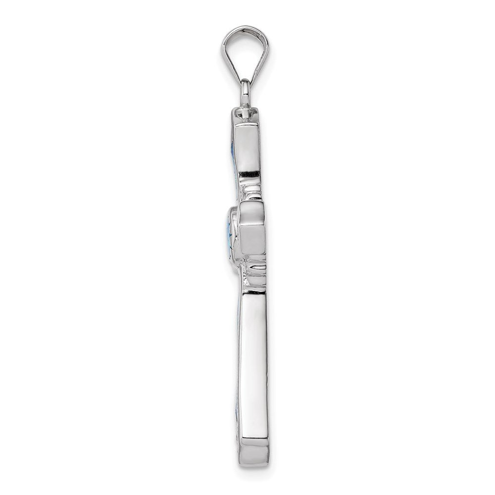 Sterling Silver Rhodium-plated Created Blue Opal / CZ Cross Pendant