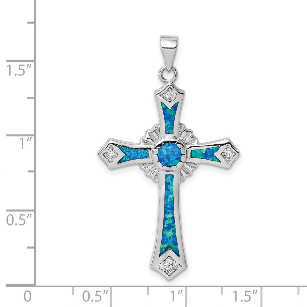 Sterling Silver Rhodium-plated Created Blue Opal / CZ Cross Pendant