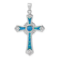 Sterling Silver Rhodium-plated Created Blue Opal / CZ Cross Pendant