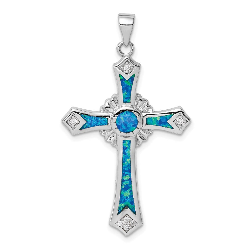 Sterling Silver Rhodium-plated Created Blue Opal / CZ Cross Pendant