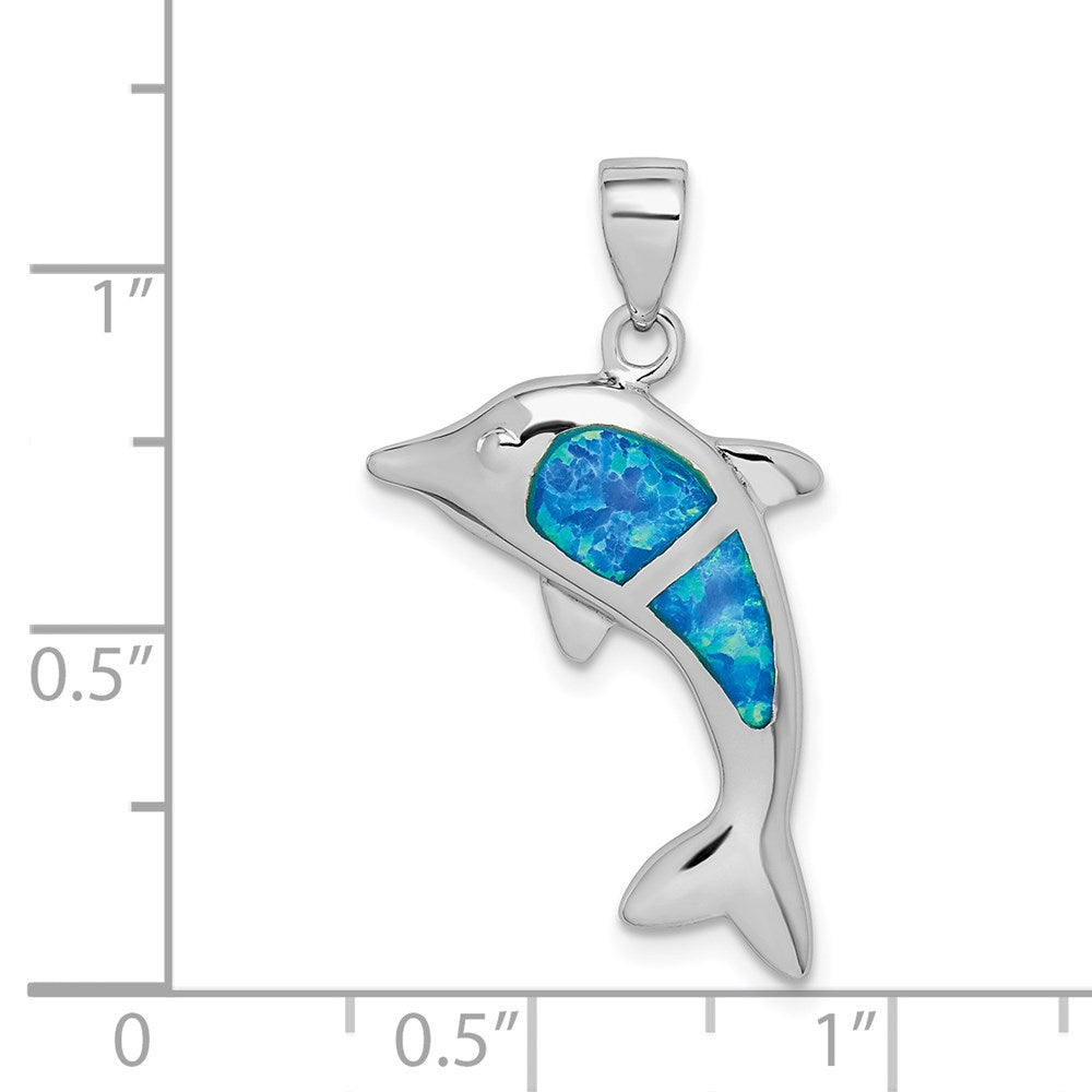 Sterling Silver Rhodium-plated Created Blue Opal Dolphin Pendant