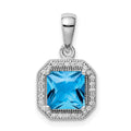 Sterling Silver Rhodium Plated Clear CZ and Square Blue CZ Pendant