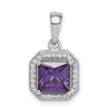 Sterling Silver Rhodium Plated Clear CZ and Square Purple CZ Pendant