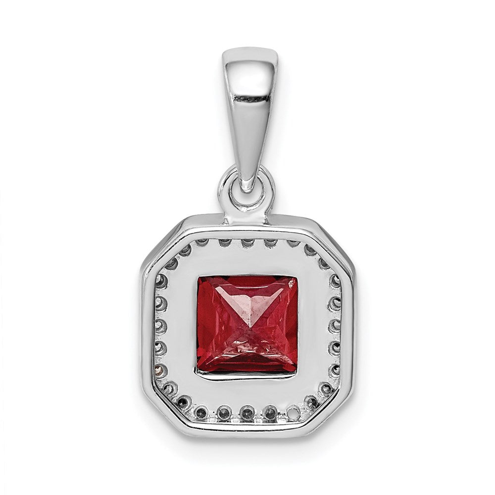 Sterling Silver Rhodium Plated Clear CZ and Square Red CZ Pendant