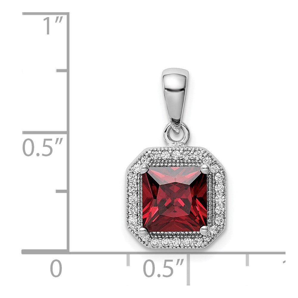 Sterling Silver Rhodium Plated Clear CZ and Square Red CZ Pendant