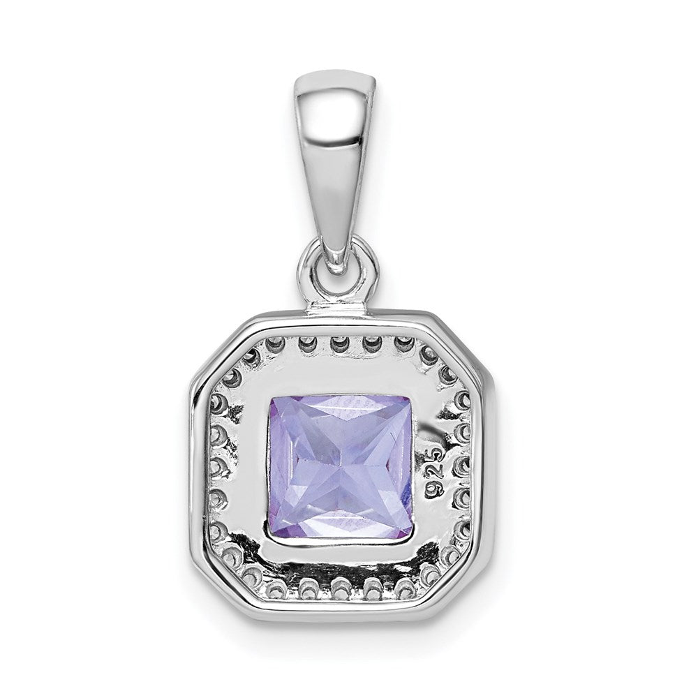 Sterling Silver Rhodium Plated Clear CZ and Square Lt Purple CZ Pendant