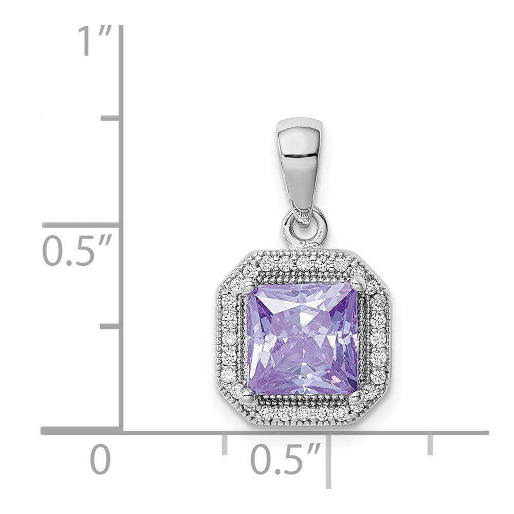 Sterling Silver Rhodium Plated Clear CZ and Square Lt Purple CZ Pendant