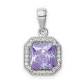 Sterling Silver Rhodium Plated Clear CZ and Square Lt Purple CZ Pendant
